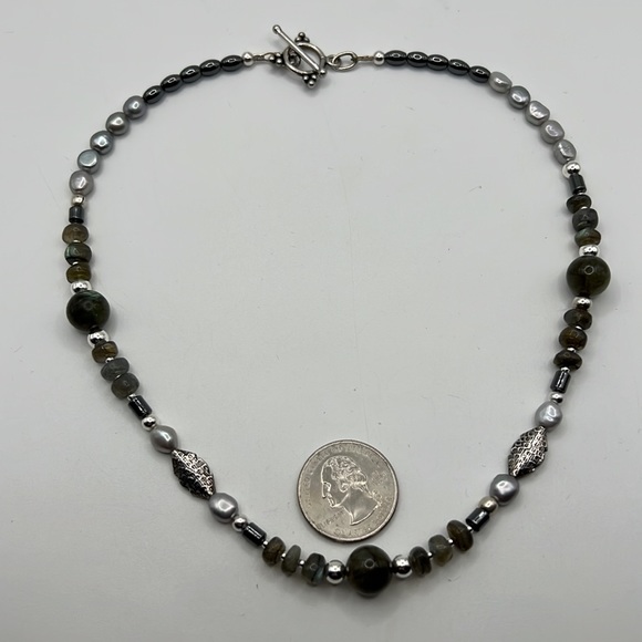 LABRADORITE, PEARL, HEMATITE, AND STERLING SILVER NECKLACE 17.75” - Picture 12 of 13
